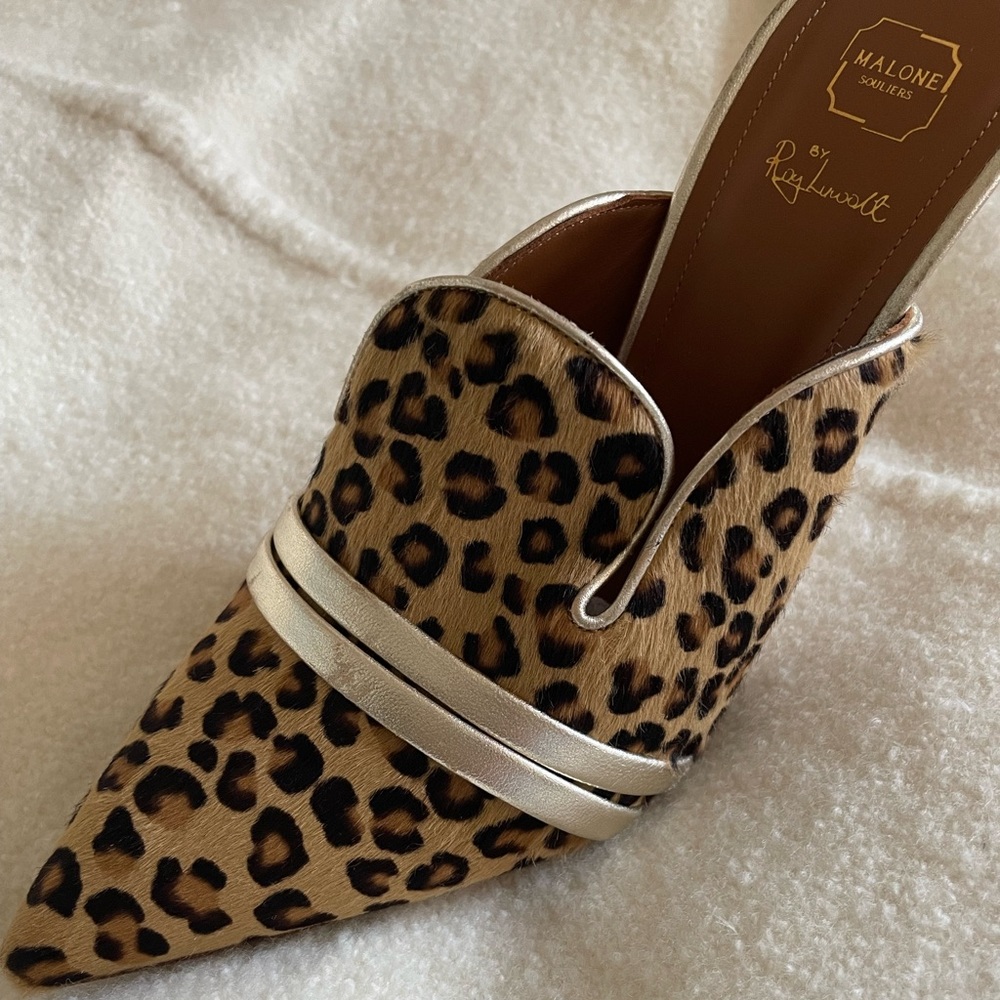 Malone Souliers Leopard Print Heels with Gold Accents